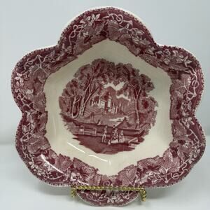Antique Mason’s Ironstone Vista England Red Transferware Scalloped Bowl Vintage